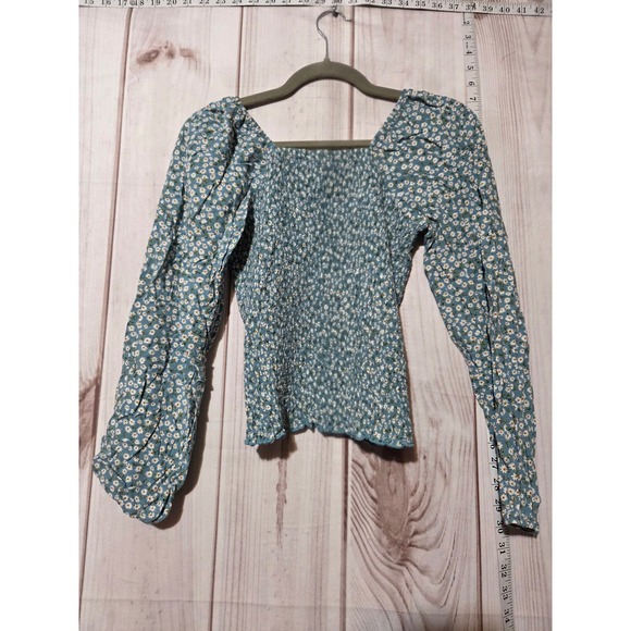 Art Class Girls Teal Floral Smocked Square Neck Long Sleeve Top XXL 18 20 - Picture 2 of 8